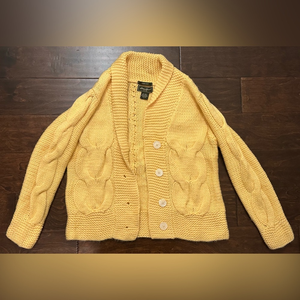 Women’s Eddie Bauer Wool Hand-Knit Cable Button Cardigan Yellow- Petite Large
